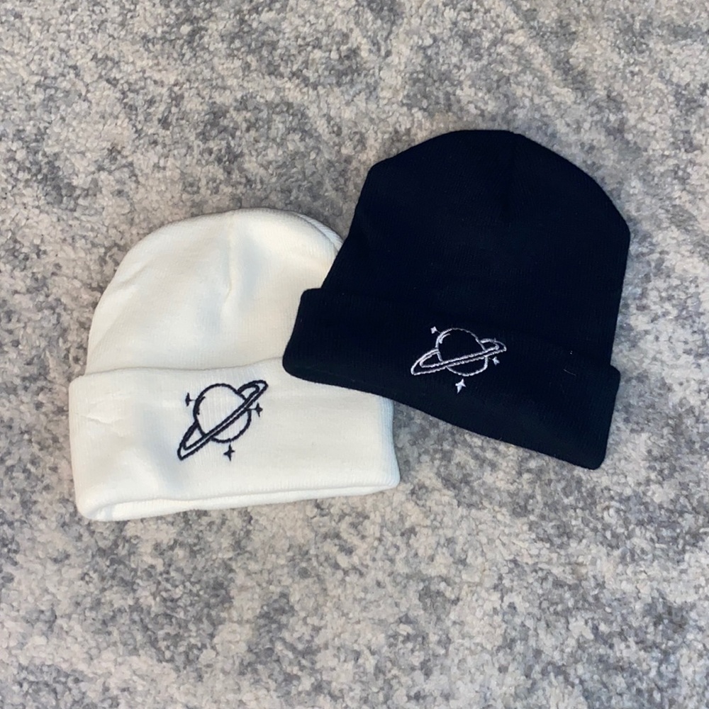 Set of Two Black and White Saturn Beanies